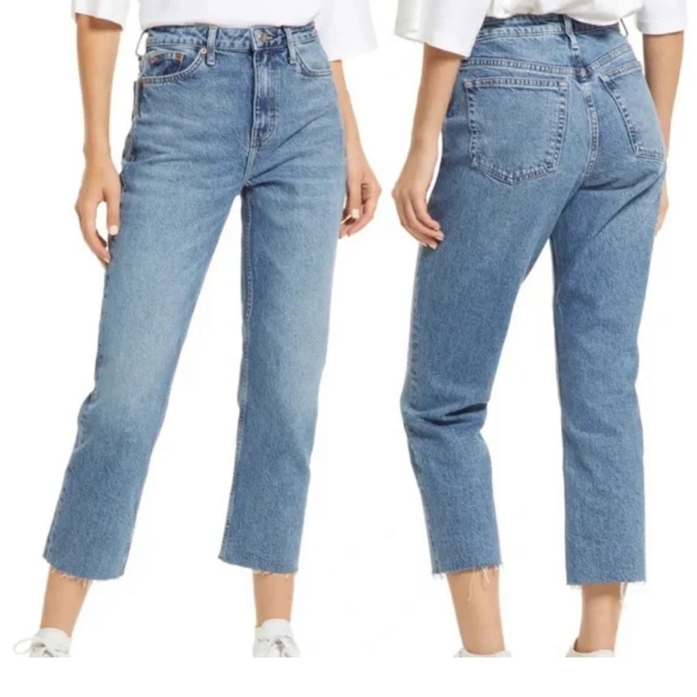TOPSHOP Raw Hem Crop Straight Leg Jeans in Mid Blue Size 34